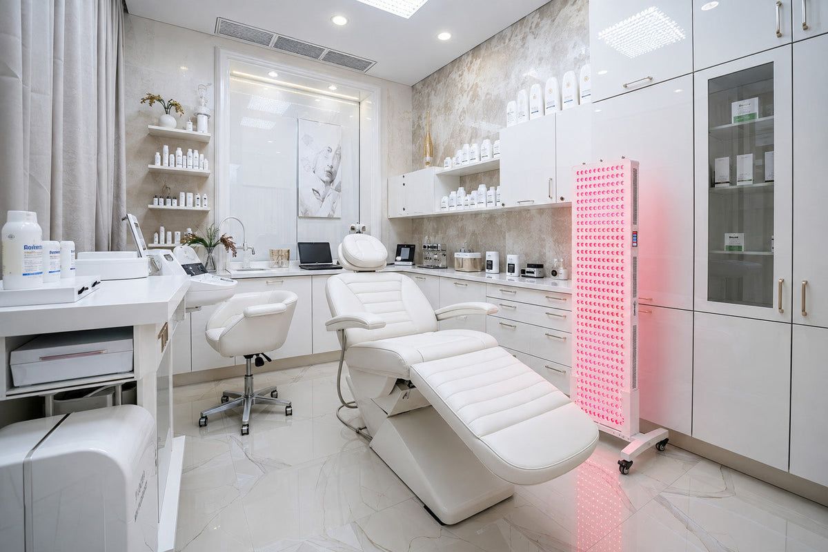 Red light panel in a clinical setting